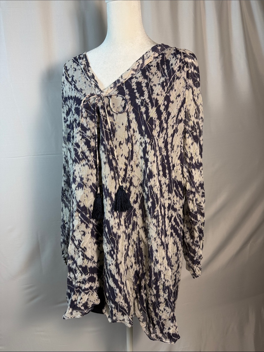 Elizabeth and James Navy and Cream Tie-Dye Tassel Tunic
